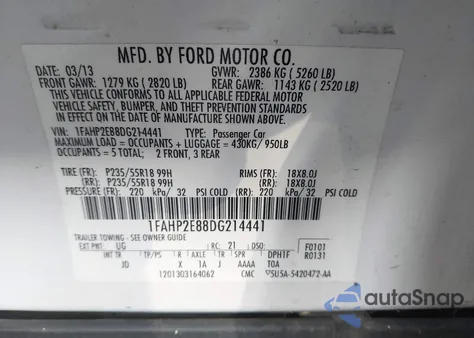 2013 Ford Taurus Sel из США, поврежденный, VIN 1FAHP2E88DG214441